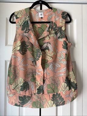 CAbi #5351 Peach Tropical Leaf Sleeveless Button-Front Camisole